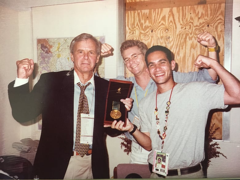 LA 2024 Olympic and Paralympic Bid Process - Tom Brokaw and Danny Koblin with Carl Lewis Gold Medal