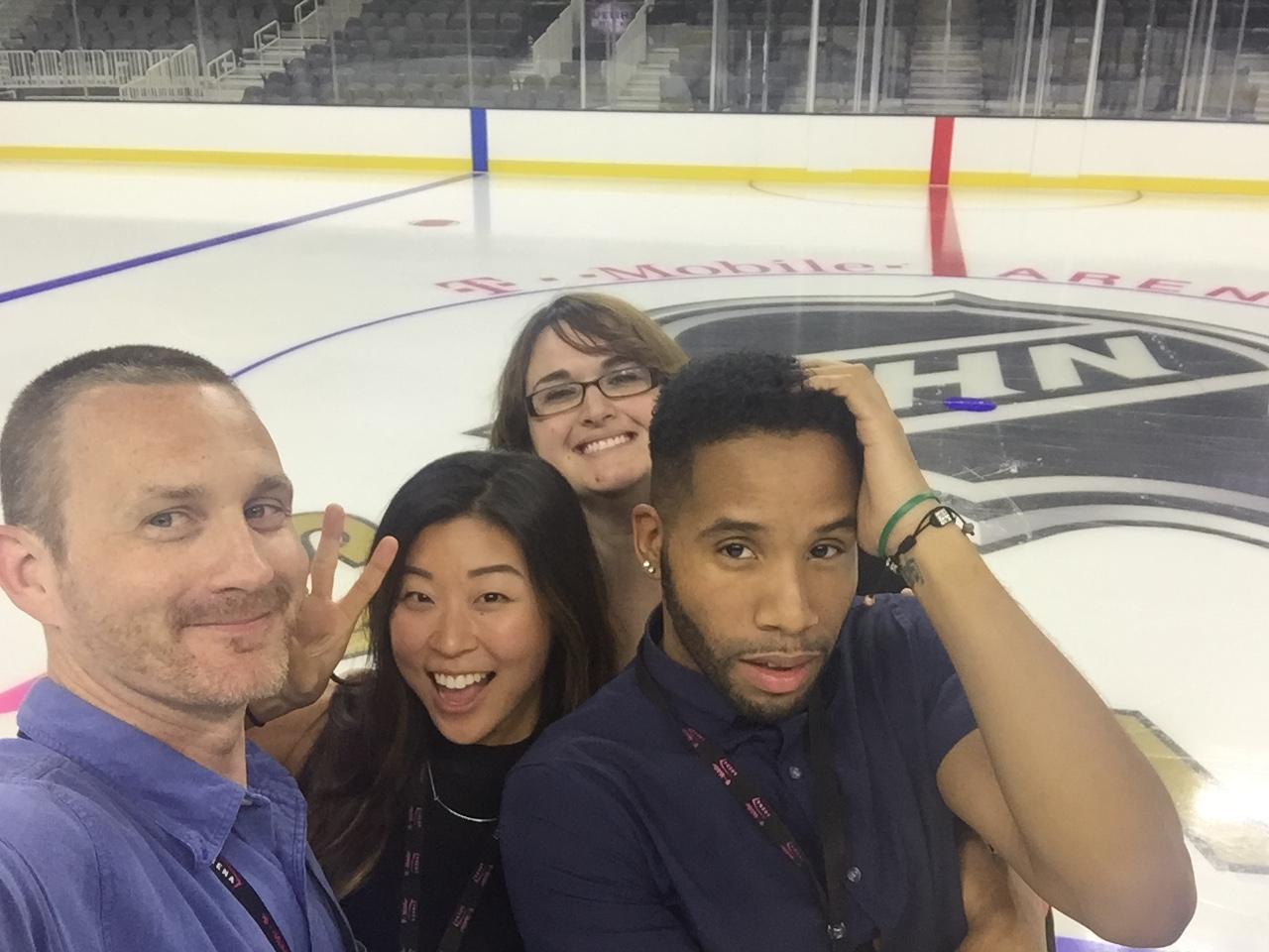 Brian and his box office team on the ice the first time they put ice in at T-Mobile Arena.  It was just the NHL logo at that time because the Vegas Golden Knights hadn't a picked a name yet.